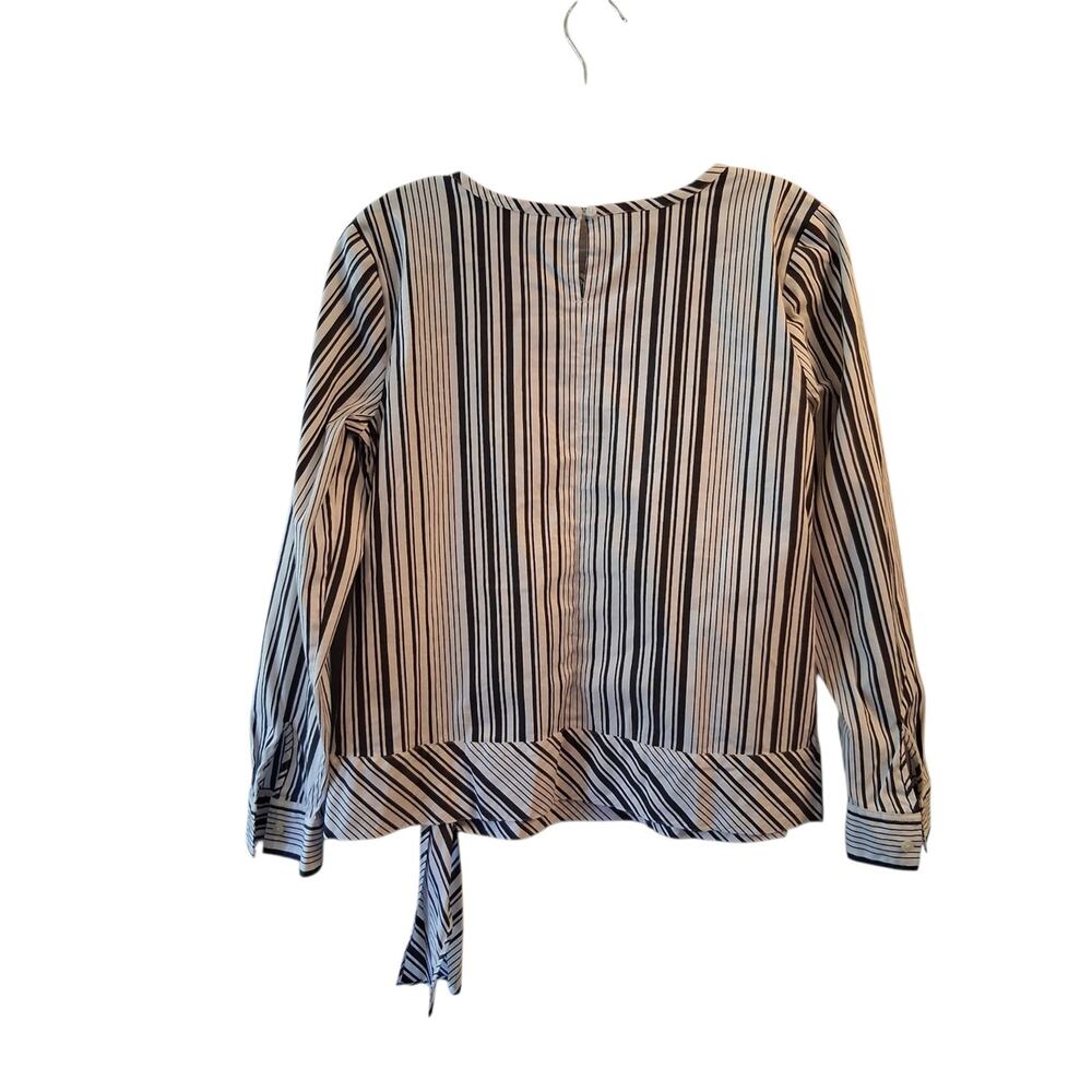 Talbots Poplin Black & White Vertical Stripe Tie-Hem Blouse - Picture 4 of 8